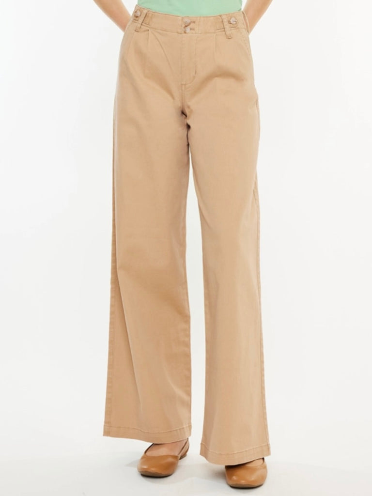 Kancan Chino, featuring a flattering high rise and wide leg, with double button closure and back welt pockets