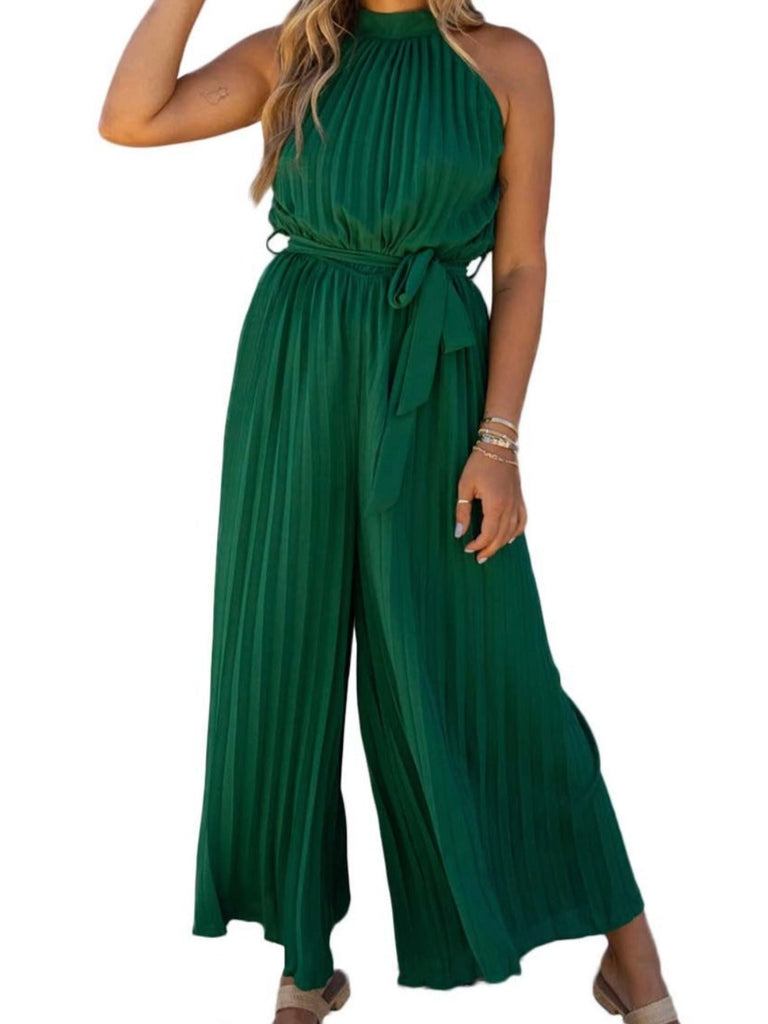 Wide leg , Green Belted Jumpsuit , features a stunning pleated design and a halter neck with keyhole closur