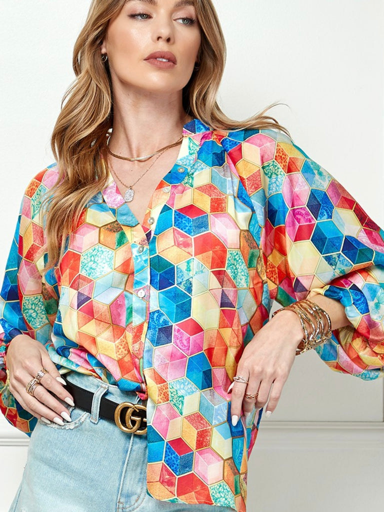 Button down top features a vibrant multicolour box print and 3/4 bubble sleeves , made from 100% Polyester