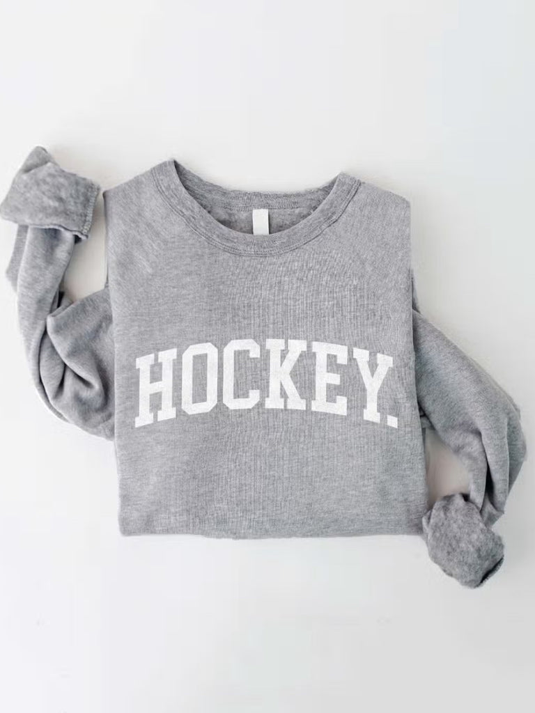 Heather grey with white front graphic hockey sweatshirt, vintage feel.
