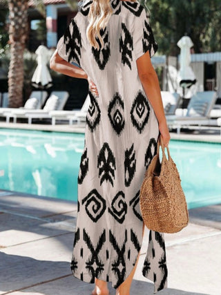 Poolside Maxi Dress, with Western print in Black and White with a button-front design, collared neckline, and short sleeves,