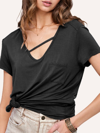 Black Tee has a V-cutout, and front pocket, lightweight and breathable fabric.