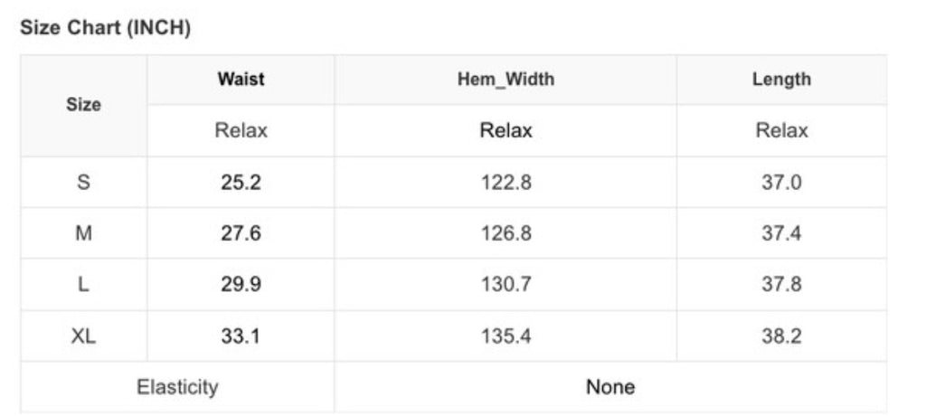 Size chart for the Perfectly Paisley  Maxi Skirt 