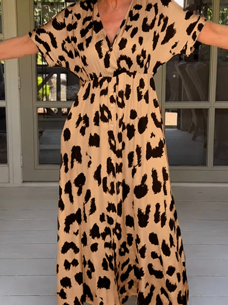 Long  V-neckline ,Plus-size high-waist Leopard Dress with button front and  pockets for added convenience.