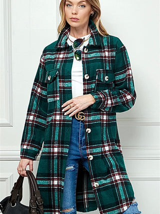  Green Hue , Fleecey Plaid Shacket boasts a longer length, button front, and chest pockets .