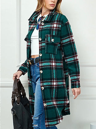  Green Hue , Fleecey Plaid Shacket boasts a longer length, button front, and chest pockets .