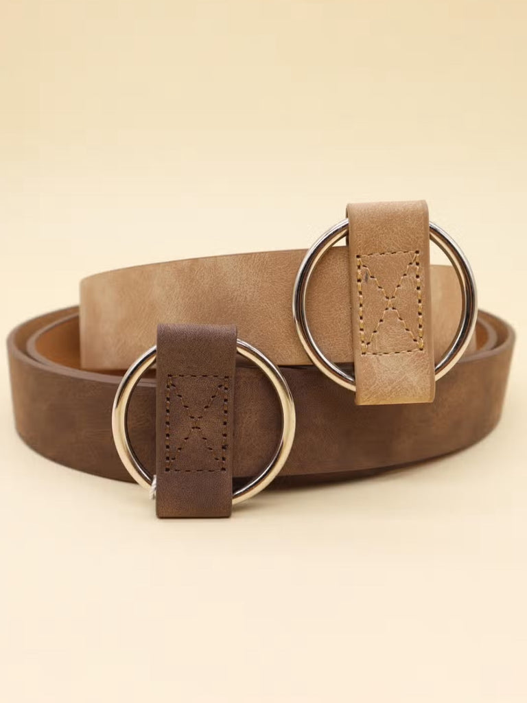 Tan or brown pinless round buckle belt, width 1.18" and length 40.55"