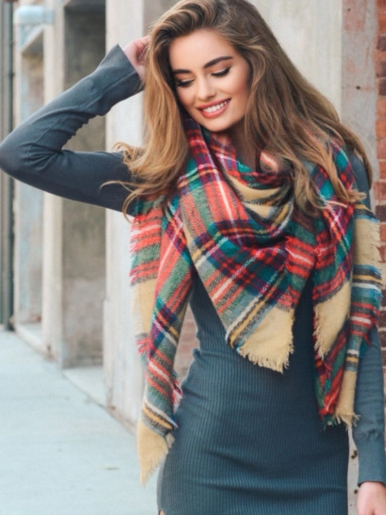 Khaki blanket scarf, soft-textured flannel fabric