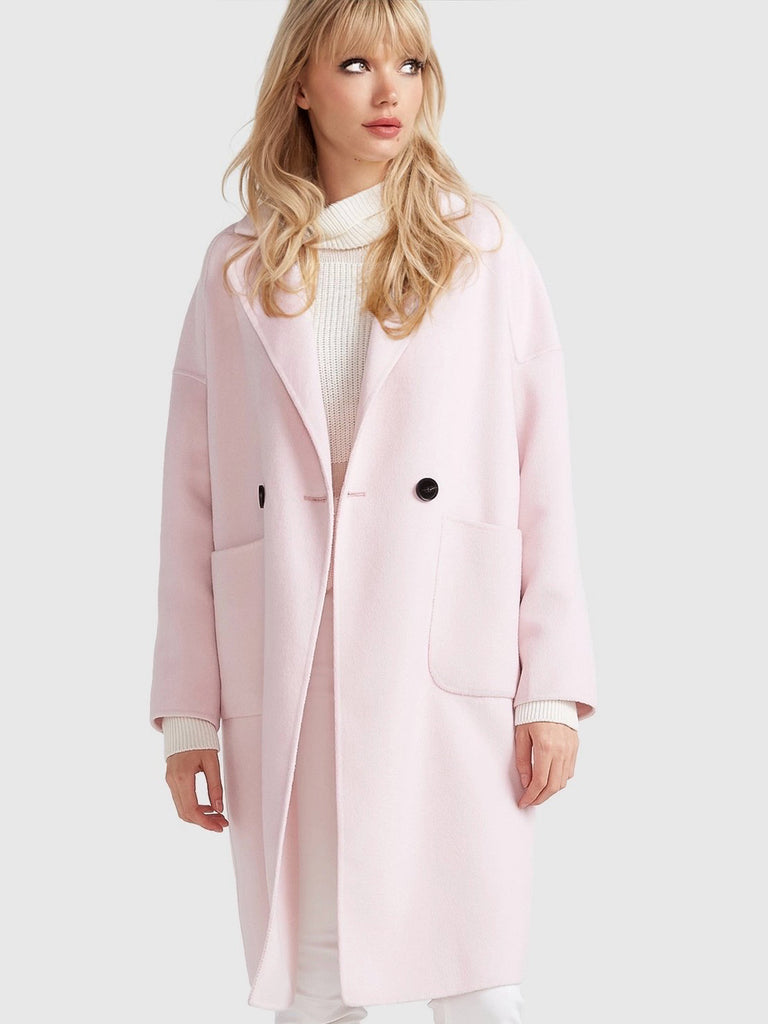  Pink Double-Breasted Wool Blend Coat in an oversized fit , notched collar with patch pockets coat. Knee length.
