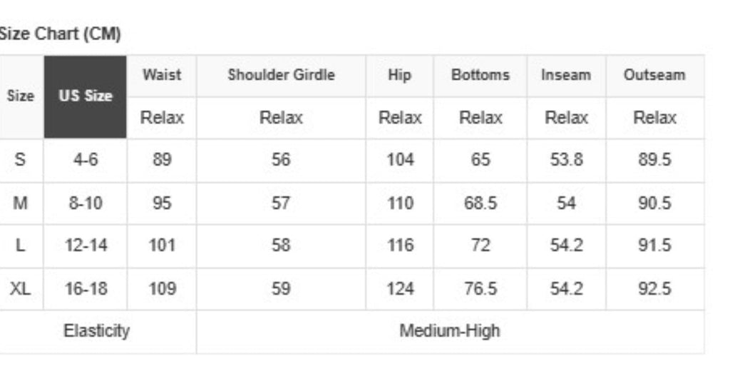 Size chart for women's denim overalls in inches and centimeters