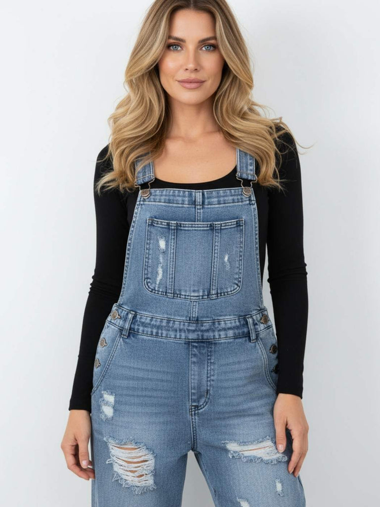Distressed wide-leg denim overalls with bib pocket and side button detail — Beach Break Overalls by Oak & Pearl Clothing Co.