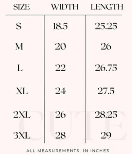 Size Chart for Beach Bum Tee 