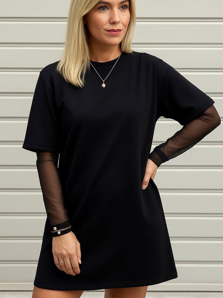 Black Mesh Sleeve Tunic Dress