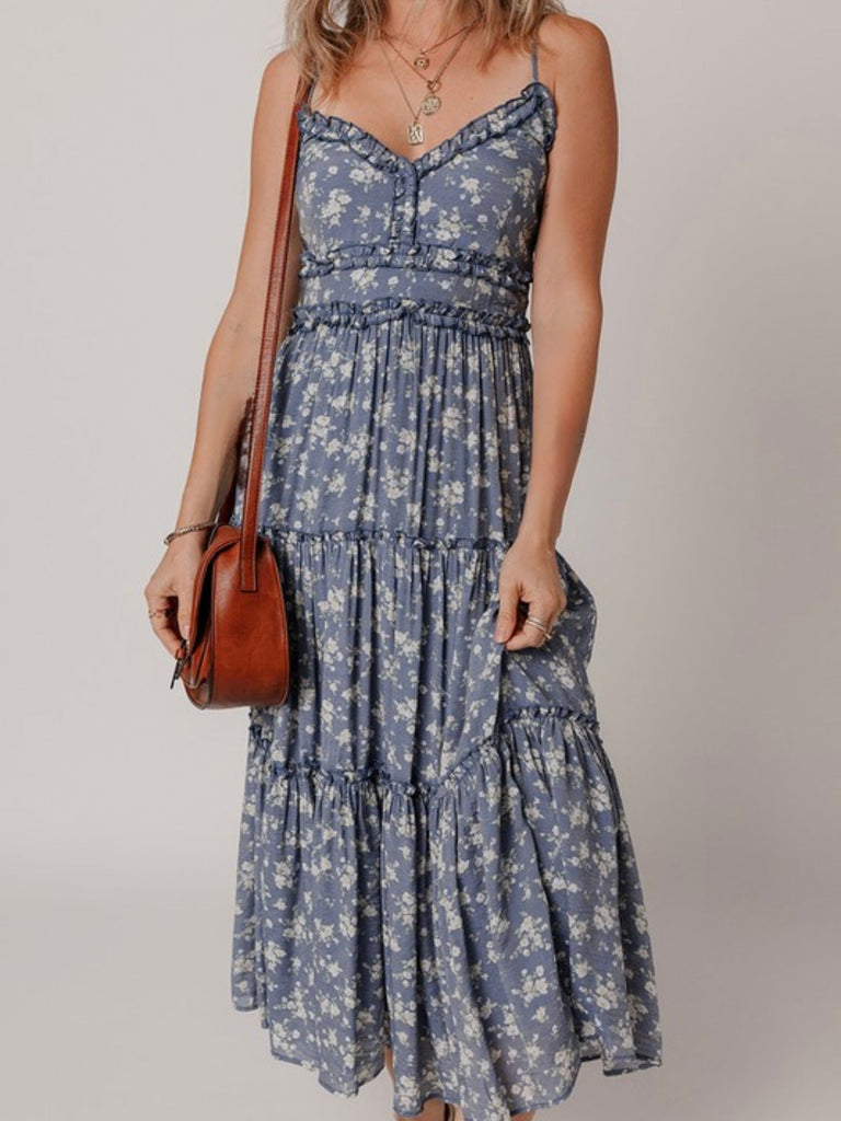 Blue floral maxi dress with spaghetti straps and sweetheart neckline