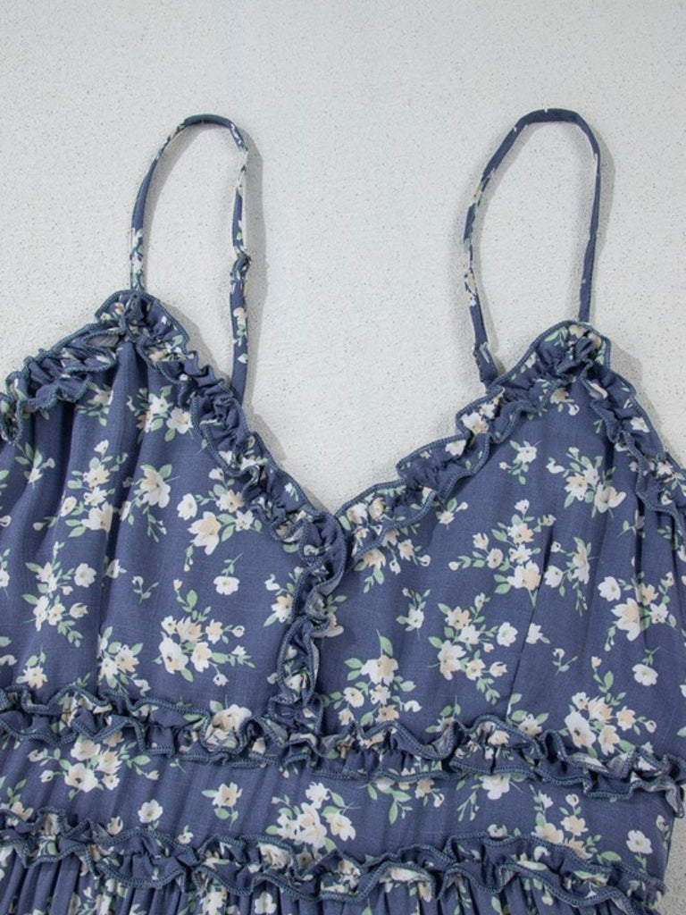 Close-up of spaghetti strap and ruched bodice on floral maxi dress