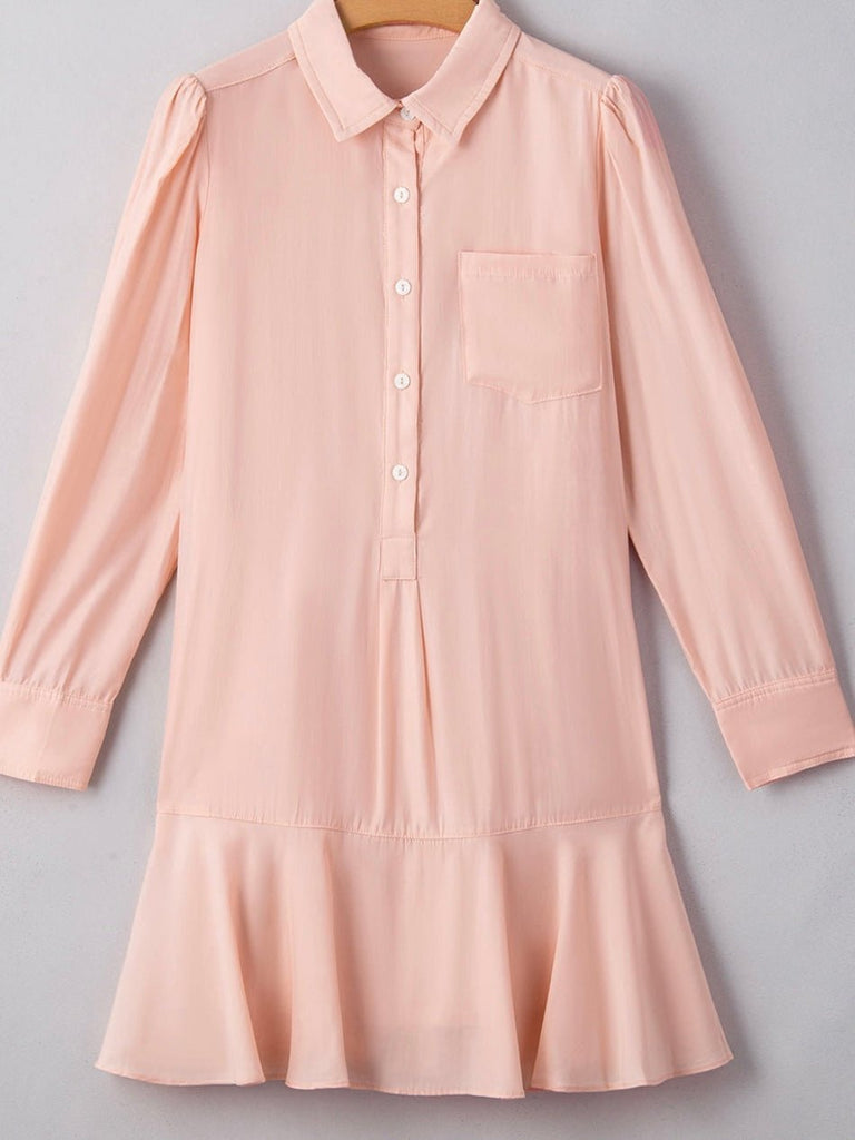 Flat lay of long sleeve pink collared shirt dress with button-down front
