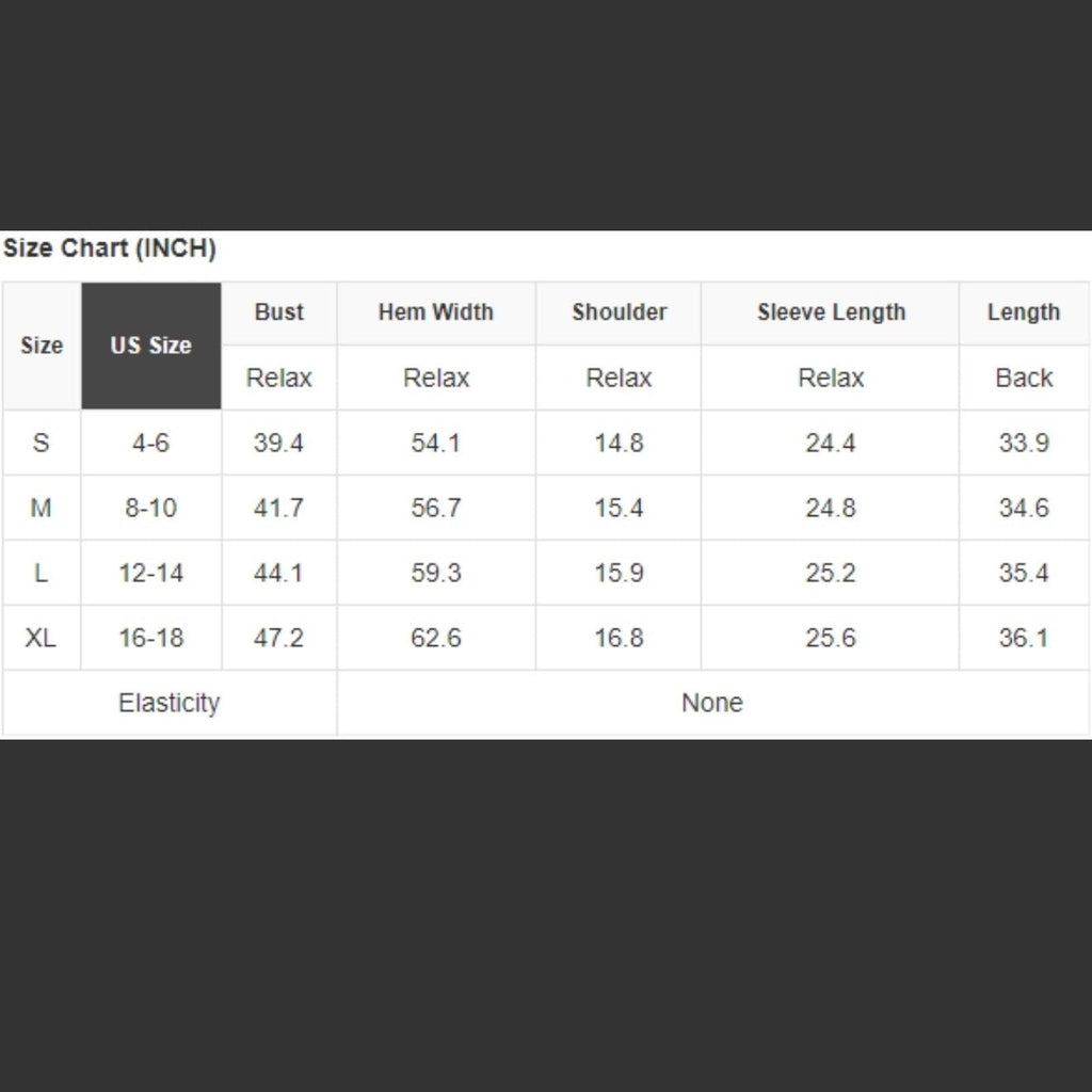 Size chart for pink shirt dress including bust, shoulder, and length measurements