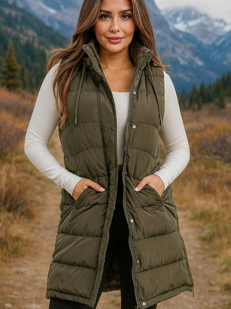 Woman wearing a long hooded green puffer vest that has zippers on the bottom.
