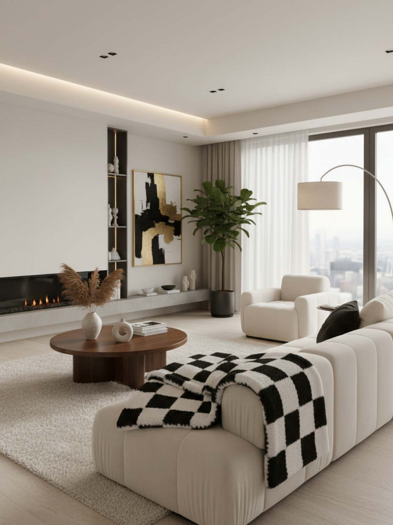 Modern living room with a white sofa accented with a modern black and white check blanket.