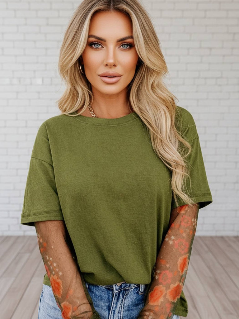 Women's double green mesh sleeve tee with floral mesh underlay styled with a jeans – trendy boutique top from Oak & Pearl Clothing Co.