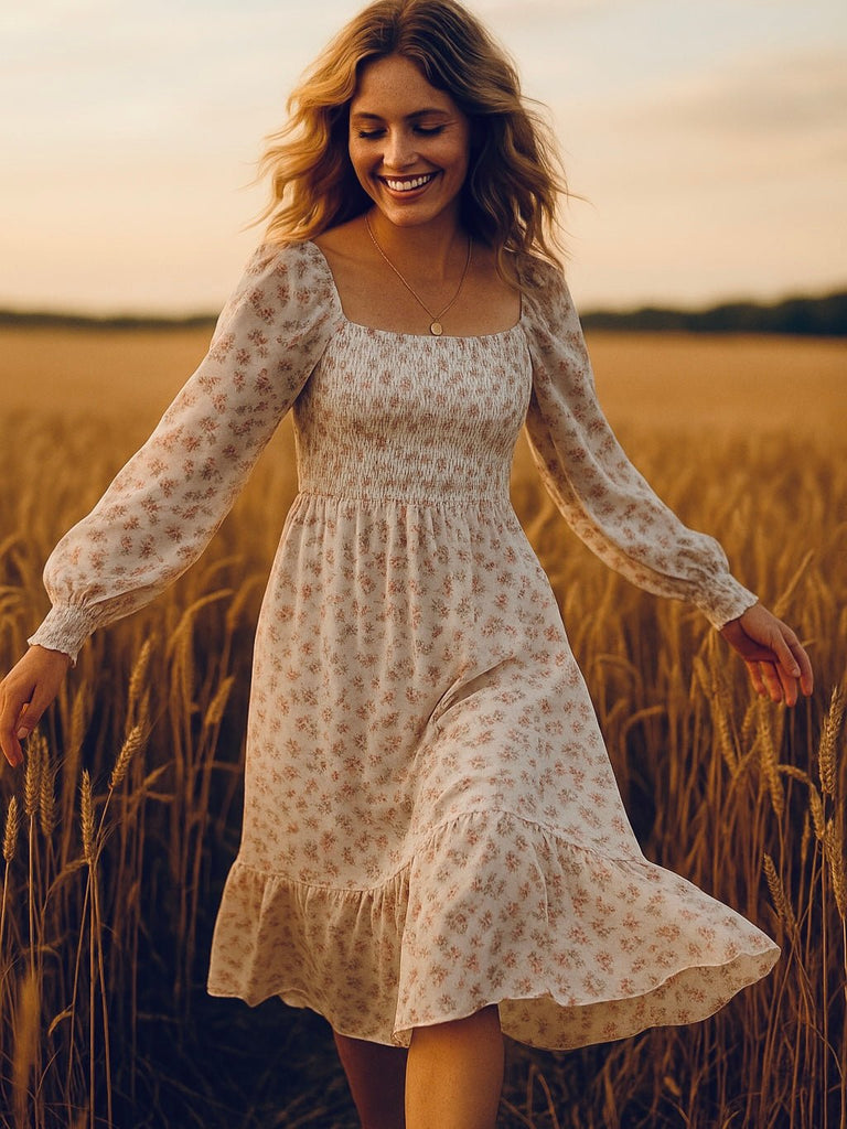 Woman in a boho floral dress standing in a wheat field at sunset