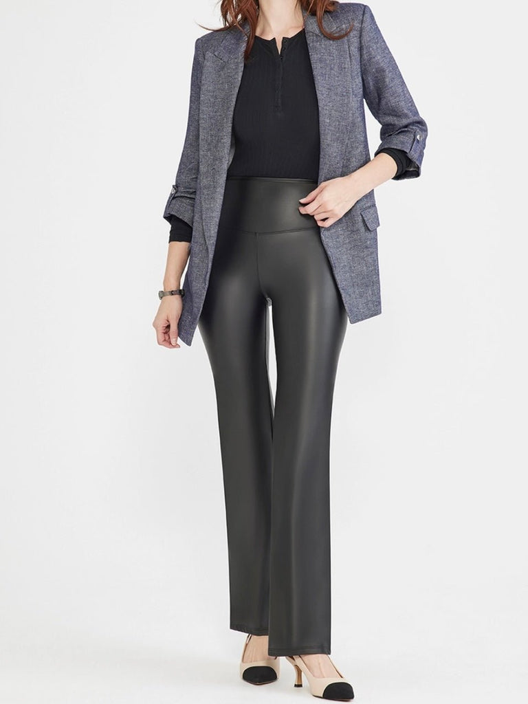Faux Leather Shaping Bootcut Pant with 4-way stretch faux leather  with an hourglass-shaped 2-ply waistband , and 360° shaping from waist to ankle.