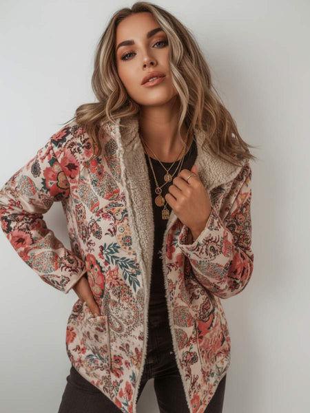 Woman wearing a floral patterned sherpa lined coat.