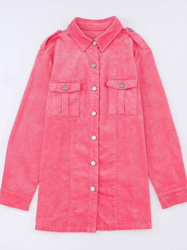 Bright pink corduroy shacket features a button front and front pockets.