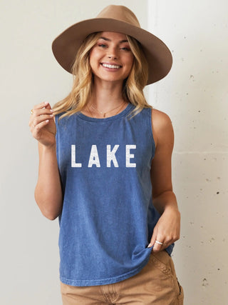 Mineral Wash , 100%Cotton Jersey Tank in Denim Blue features a White Distressed "Lake" Graphic.