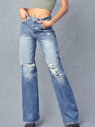 5 piece Button front Flare Jeans with Retro Wide Leg and minor fading and whiskering detail throughout