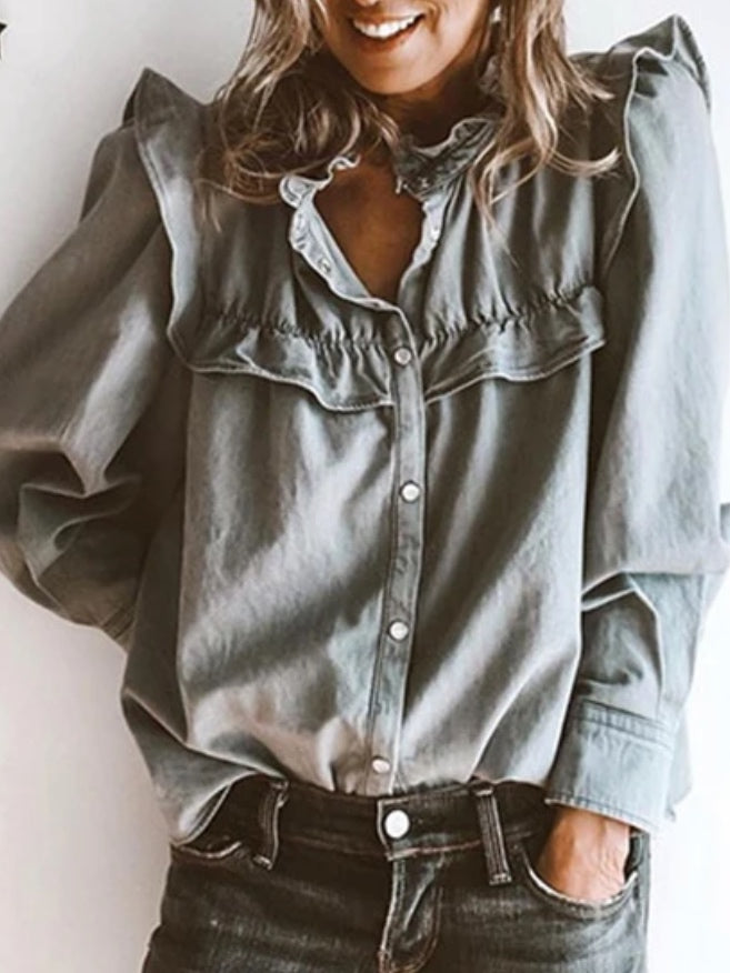 Modern Casual Style of Finn Grey Washed Out Denim Top - Vintage charm in light grey tones with fetching frill accents and a button-down flow