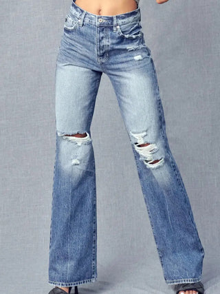 5 piece Button front Flare Jeans with Retro Wide Leg and minor fading and whiskering detail throughout