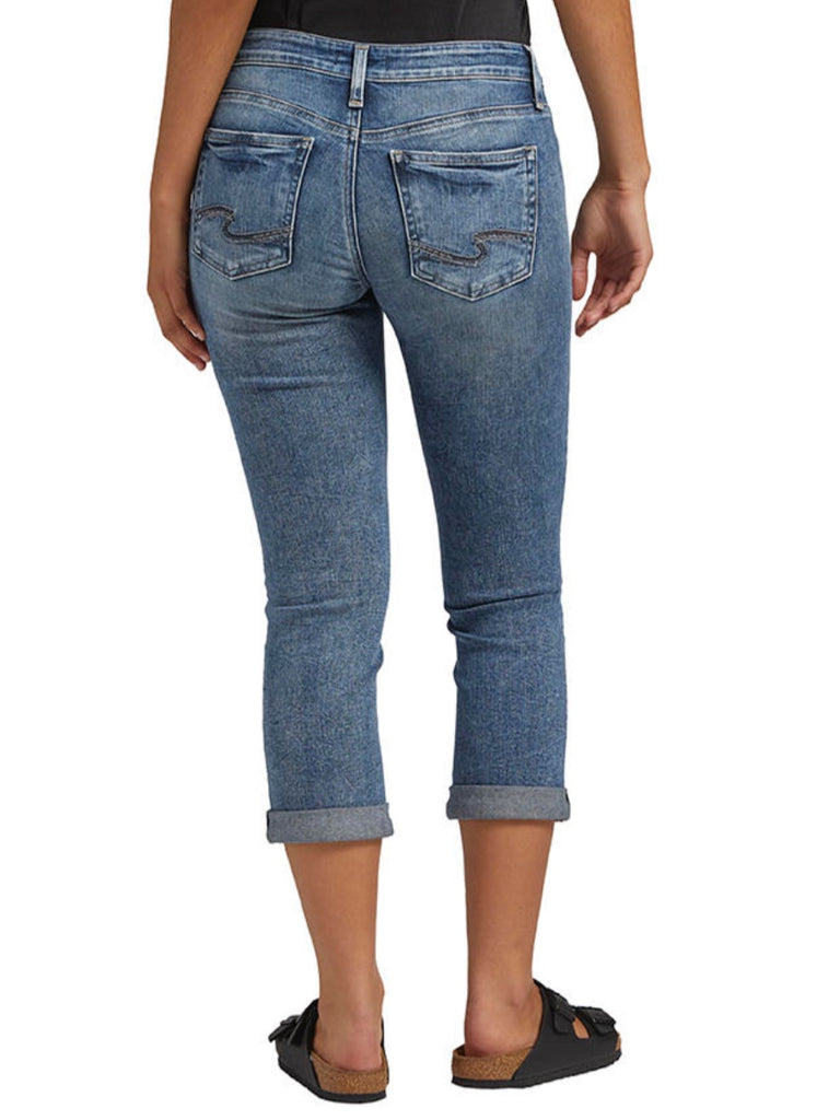   Bold dark indigo wash Capri Jeans with  a low-rise, contoured waistband, and back pockets,