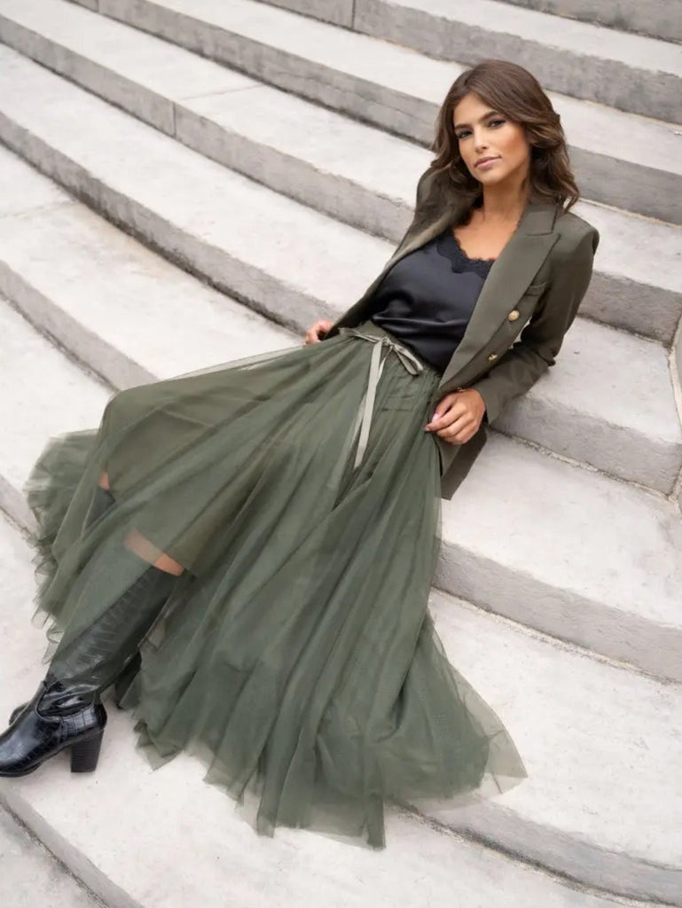 Olive long tulle lined tutu skirt with belt