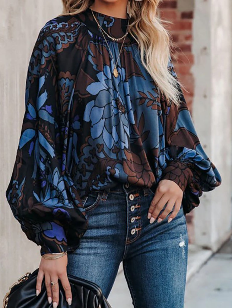 High neck blue and brown floral azure top with wide and long sleeves