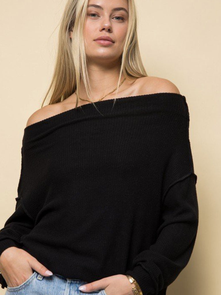 Kara black off the shoulder sweater at oak and pearl clothing co