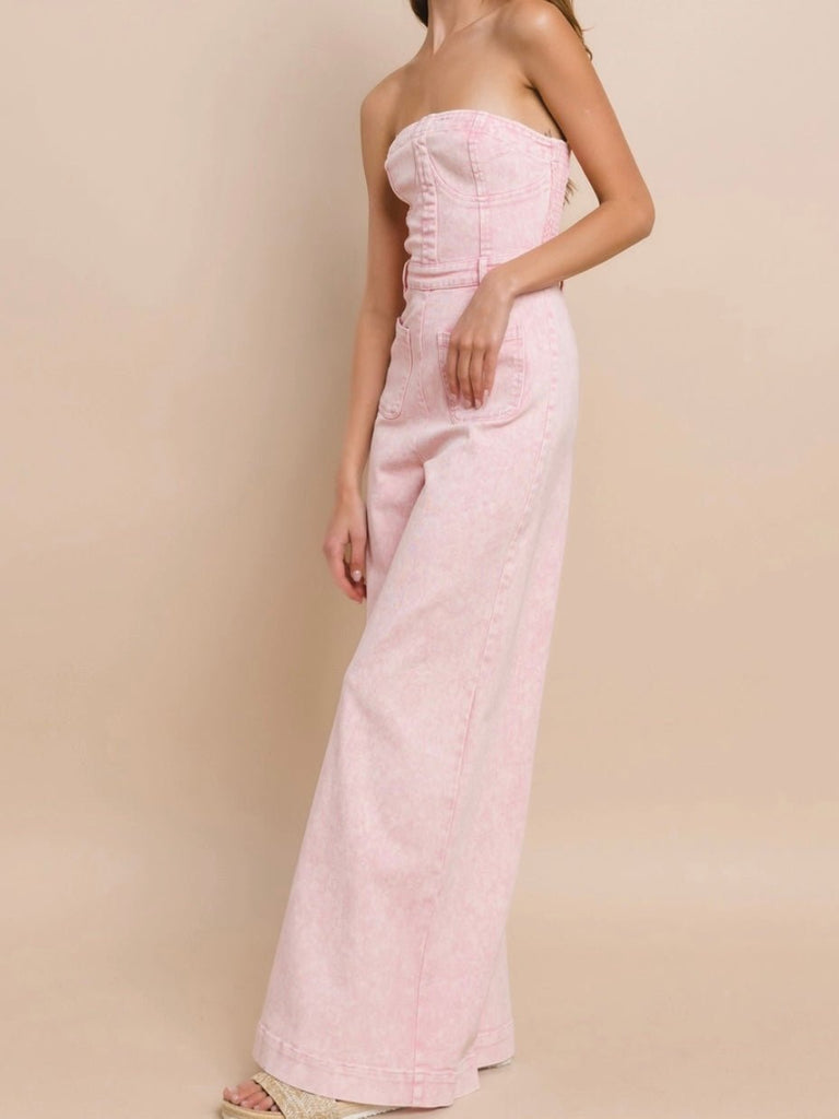 Pink Mineral Acid Washed Wide Leg Strapless Tube Top Jumpsuit has 33"inseam.