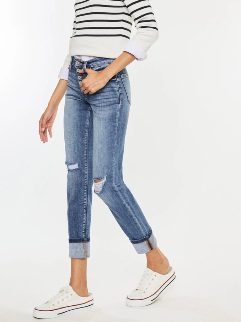 High Rise Button Fly Straight Leg Jeans , cuffed hem, and slight destruction
