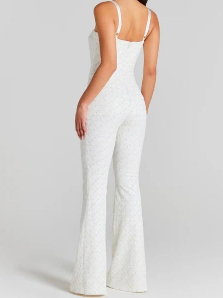 White, Luxe velvet fabric adorned with sequins Jumpsuit with adjustable straps for a customized fit.