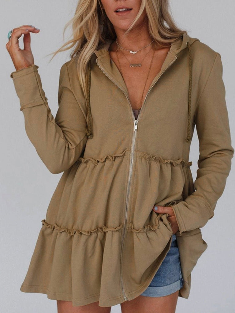 Khaki neutral, Long Fit Ruffled Hoodie, has layered ruffled design and zippered detail with drawstring hood.