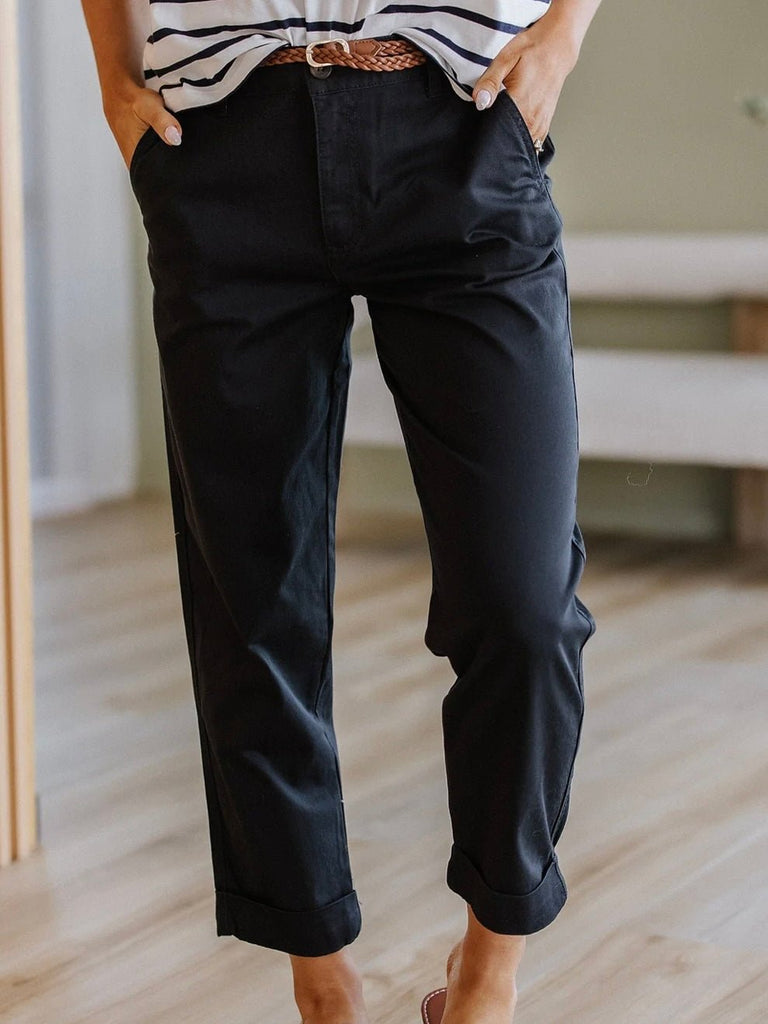 Black Cotton blend chinos with braided belt