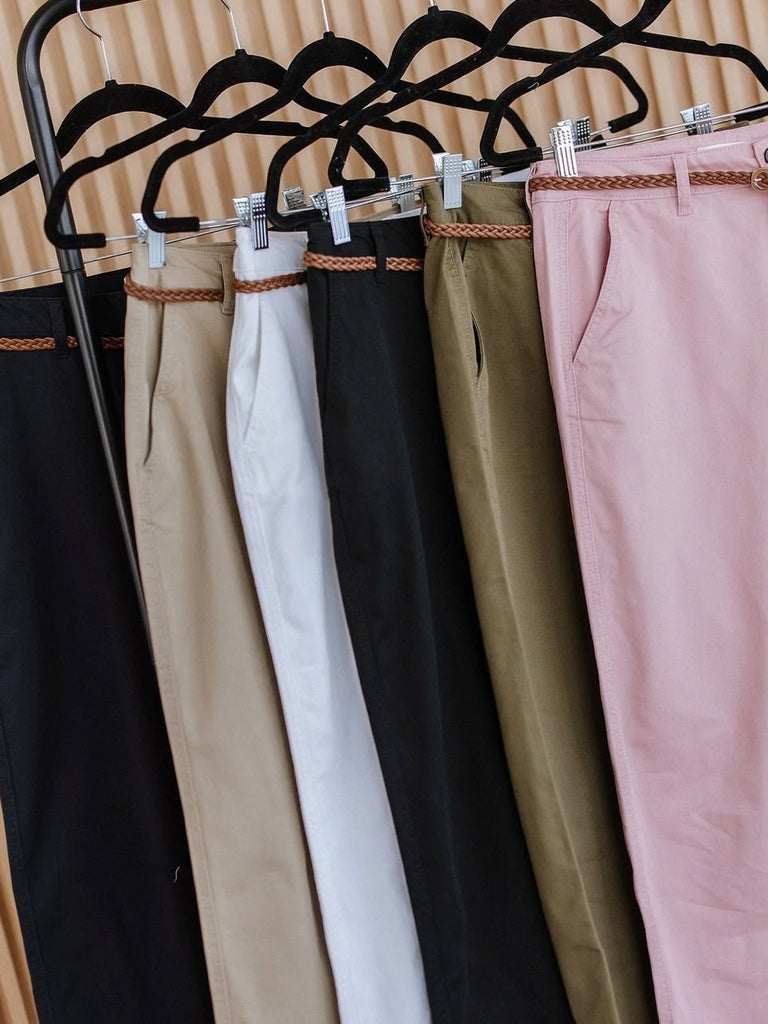 Relaxed fit chinos in multiple colors on hangers