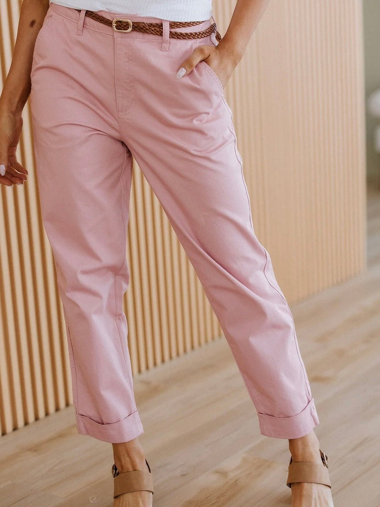 Pink Cotton blend chinos with braided belt