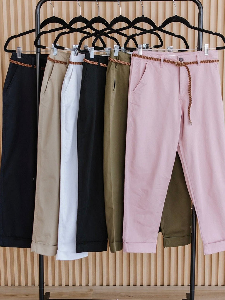 Relaxed fit chinos in multiple colors on hangers