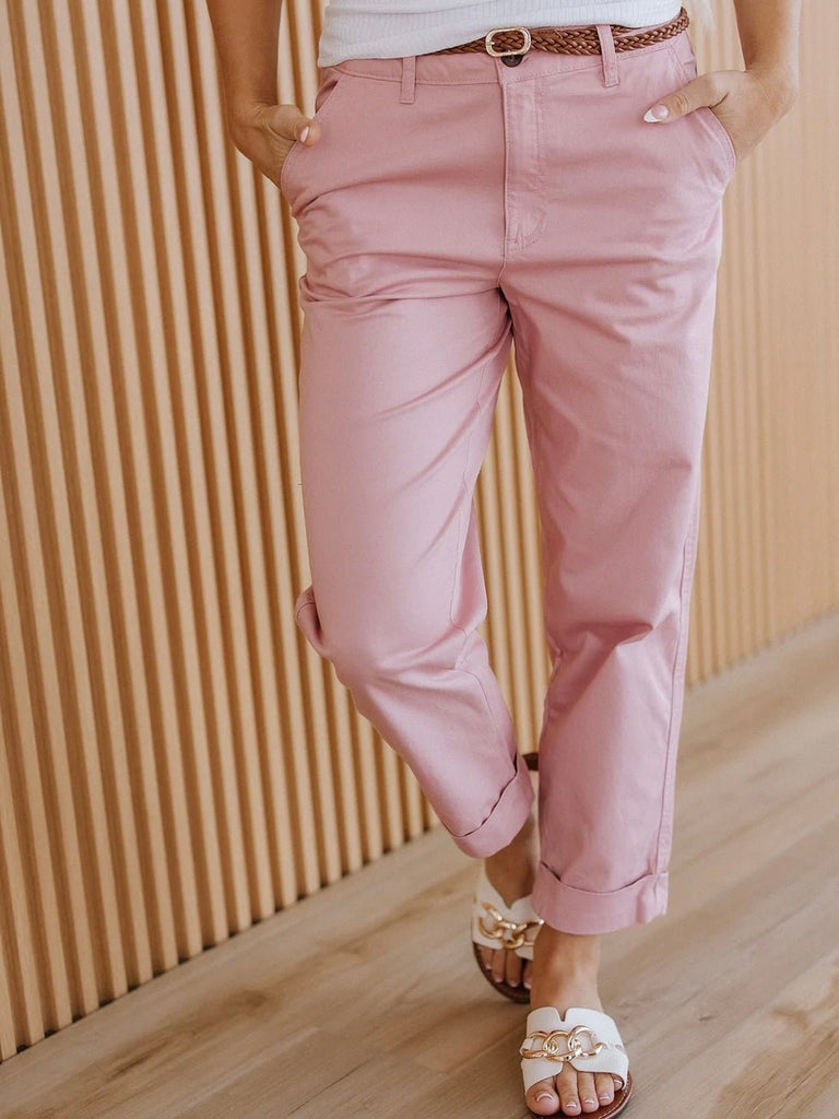 Woman wearing pink relaxed fit chino pants