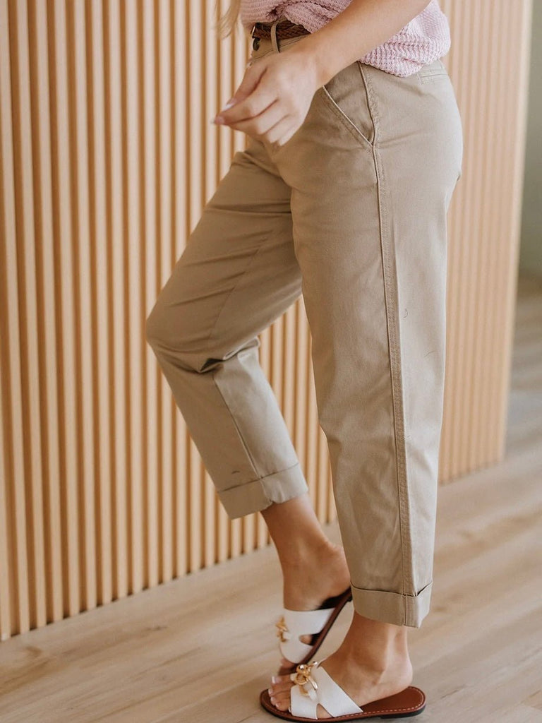 Side view of khaki cotton blend chinos with braided belt