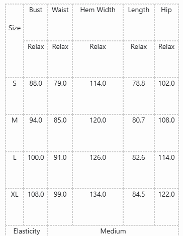 Table showing measurements for different sizes with relax elasticity in a grid format.