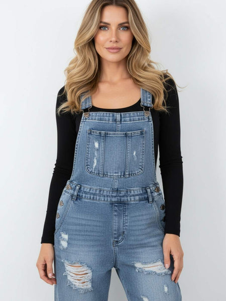 Distressed wide-leg denim overalls with bib pocket and side button detail — Beach Break Overalls by Oak & Pearl Clothing Co.