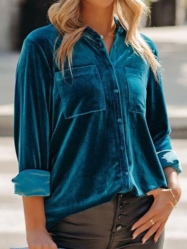  Blue Button Down  Velvet Double Pocket Boho top.