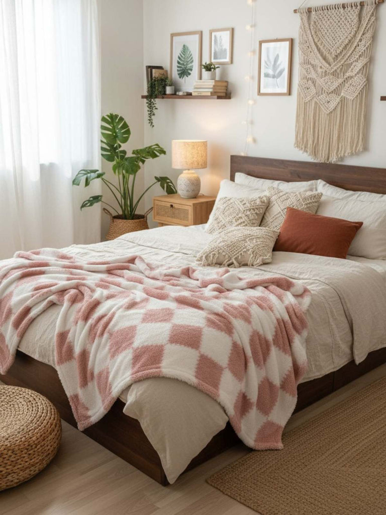 Cozy bedroom with a bed covered in pink and white checkered blanket, pillows, and plants.